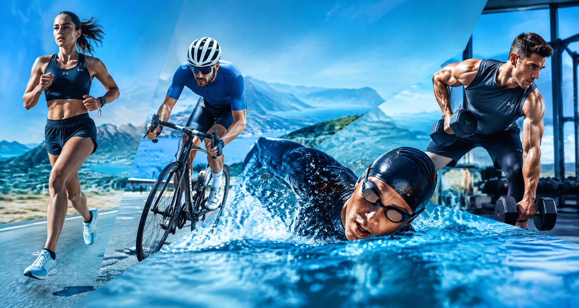 Athletes running, cycling, swimming and training